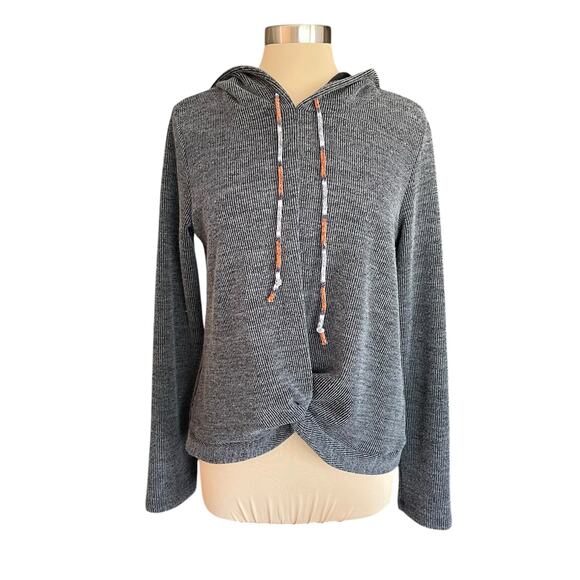 Hem & Thread Marled Gray Rib Knit Hooded Pullover Top Twist Front LARGE Cozy - Picture 1 of 6